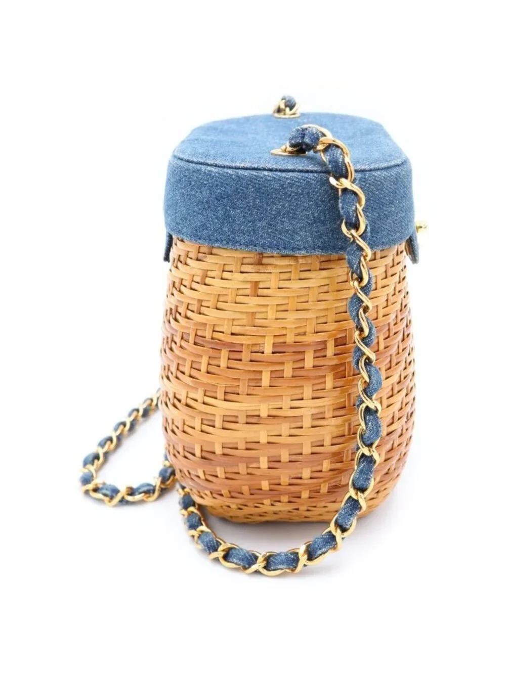 Chanel CC Logo Chain Basket Shoulder Bag Beige Indigo Blue Straw Denim Gold